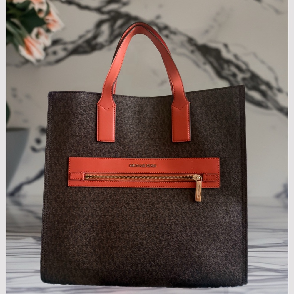 Michael Kors Dark Brown Tote with Orange Trim